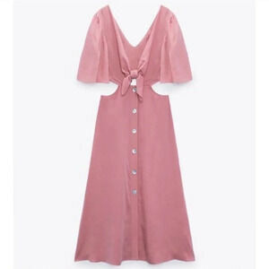 Zara Tie Bow Front Cut  Out Midi Dress Light Pink NWT Size XL